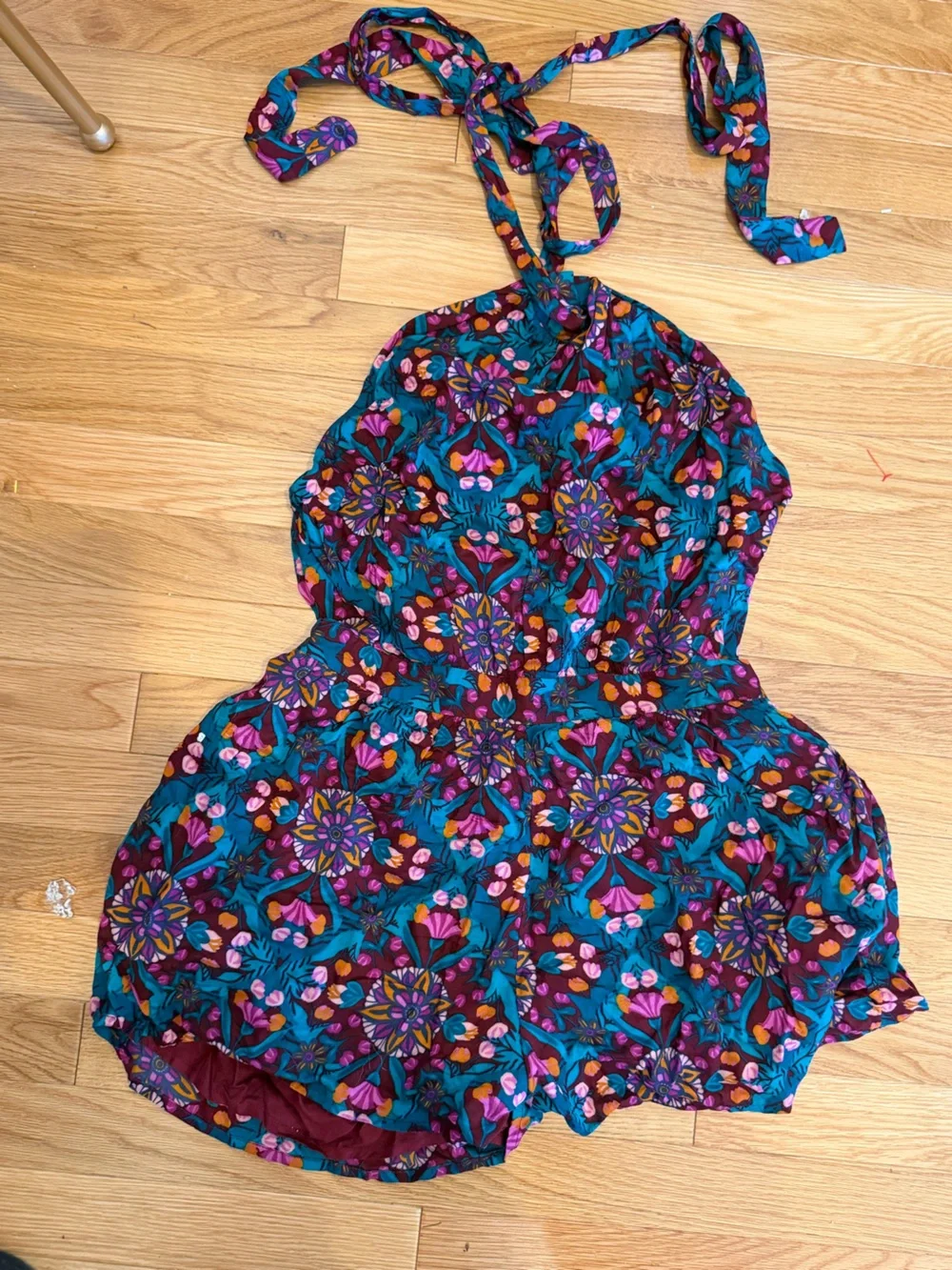 Free People Teal Floral Halter Romper with Pink, Purple & Orange Accents